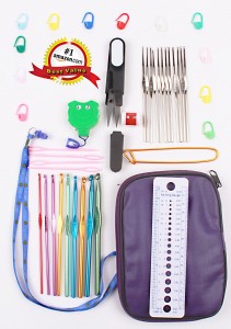 Crochet Kit 22 Hooks in Purple Case - Crochet Set Complete with (Scissors, Stitch Markers, Gauge Measure, Yarn Needles, 4.5" Safety Pin, 2 Row Counters) Best Value For All The Included Crochet Accessories