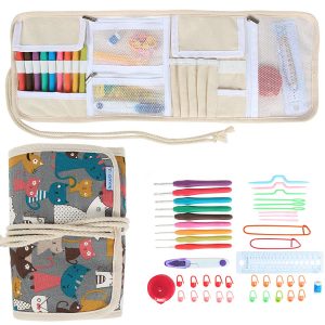 Ergonomic Crochet Hooks Set, Canvas Wrap Organizer Roll Up, Elegant Cats