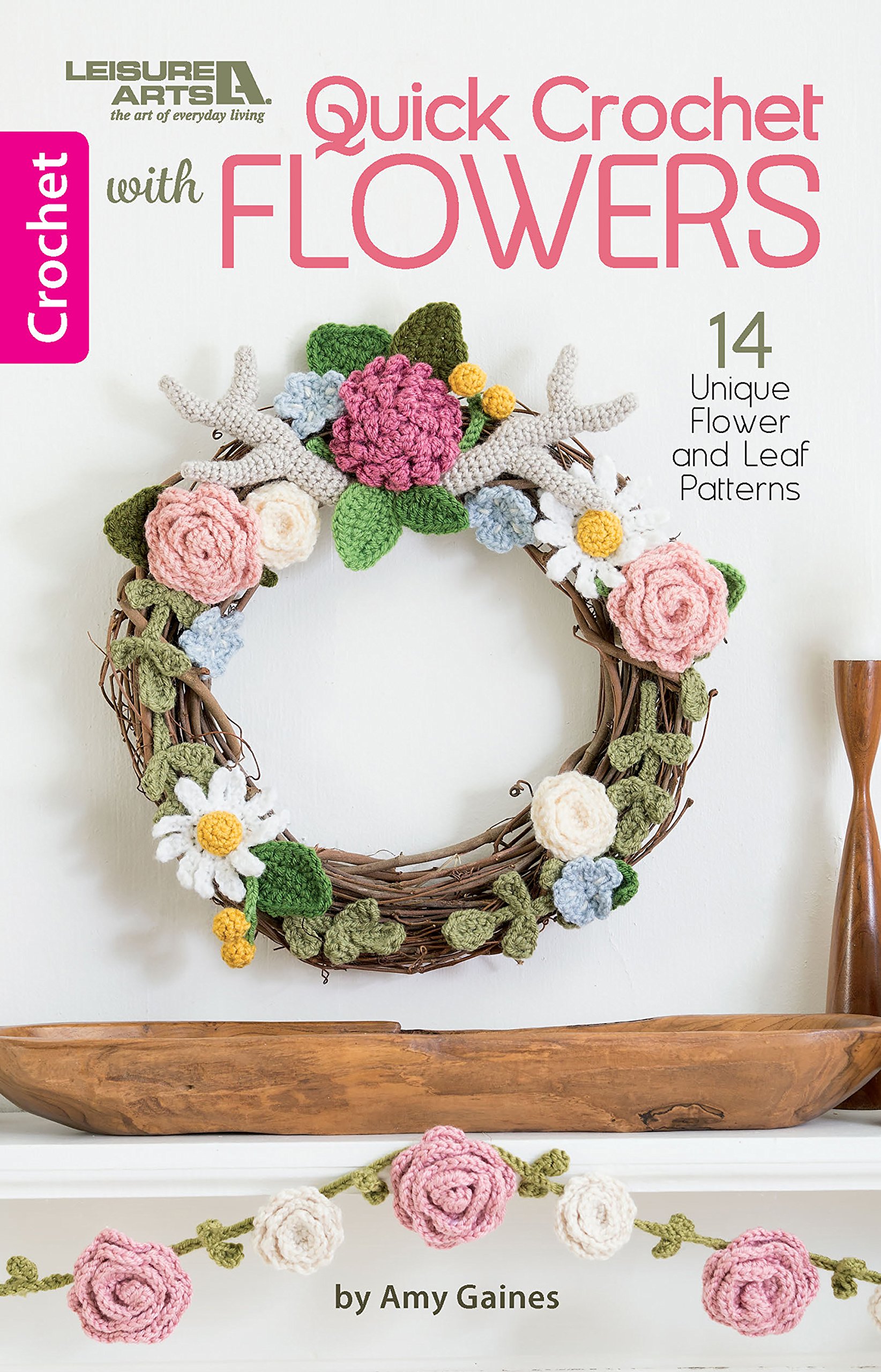 Flowers are fun to crochet, as well as quick and easy. We've included five wall hangings and nine fashionable accessories. Many more flowers and leaves can be made to decorate and embellish lots of fun projects. Each crochet project has Easy skill level techniques and uses medium weight yarn. Botanical designs include five flowers, five leaves, Antler Wall Hanging, Wreath, Garland, Burlap & Flowers, Dream Catcher, three Barrettes, Floral Cowl, Daisy Purse, Drawstring Purse, and three Headbands.