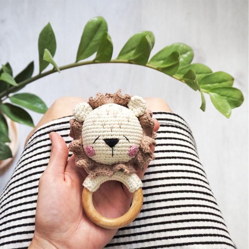 Lion Amigurumi Rattle Teether Ring by House Sleeping Toys 1 Lion Amigurumi Rattle Teether Ring