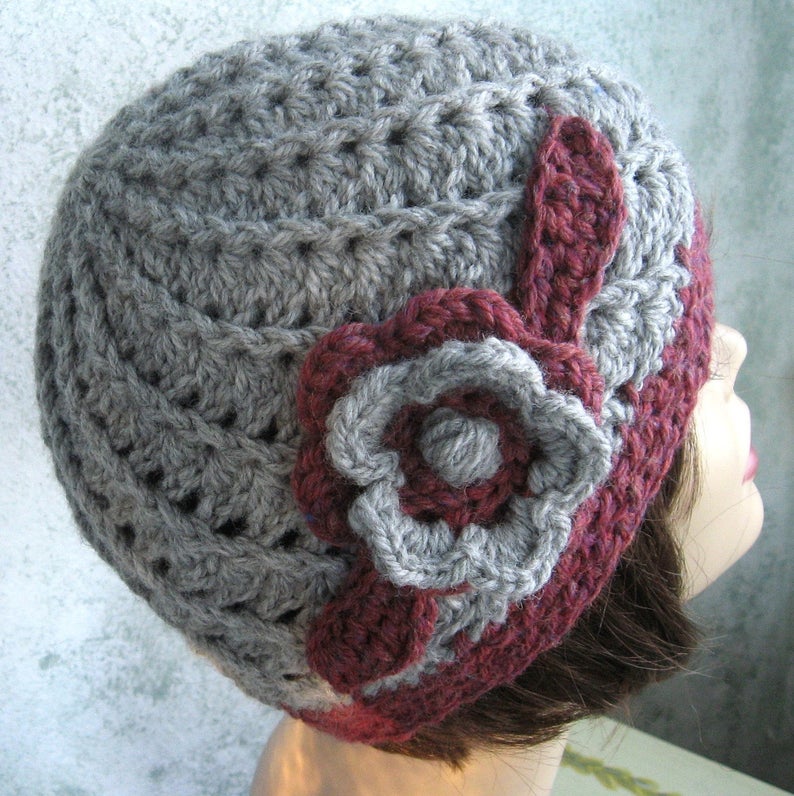 Woman's Spiral Ribbed Hat With Flower by Kallie Designs 1 Spiral Ribbed Hat With Flower