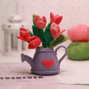 Crochet tulips in watering can