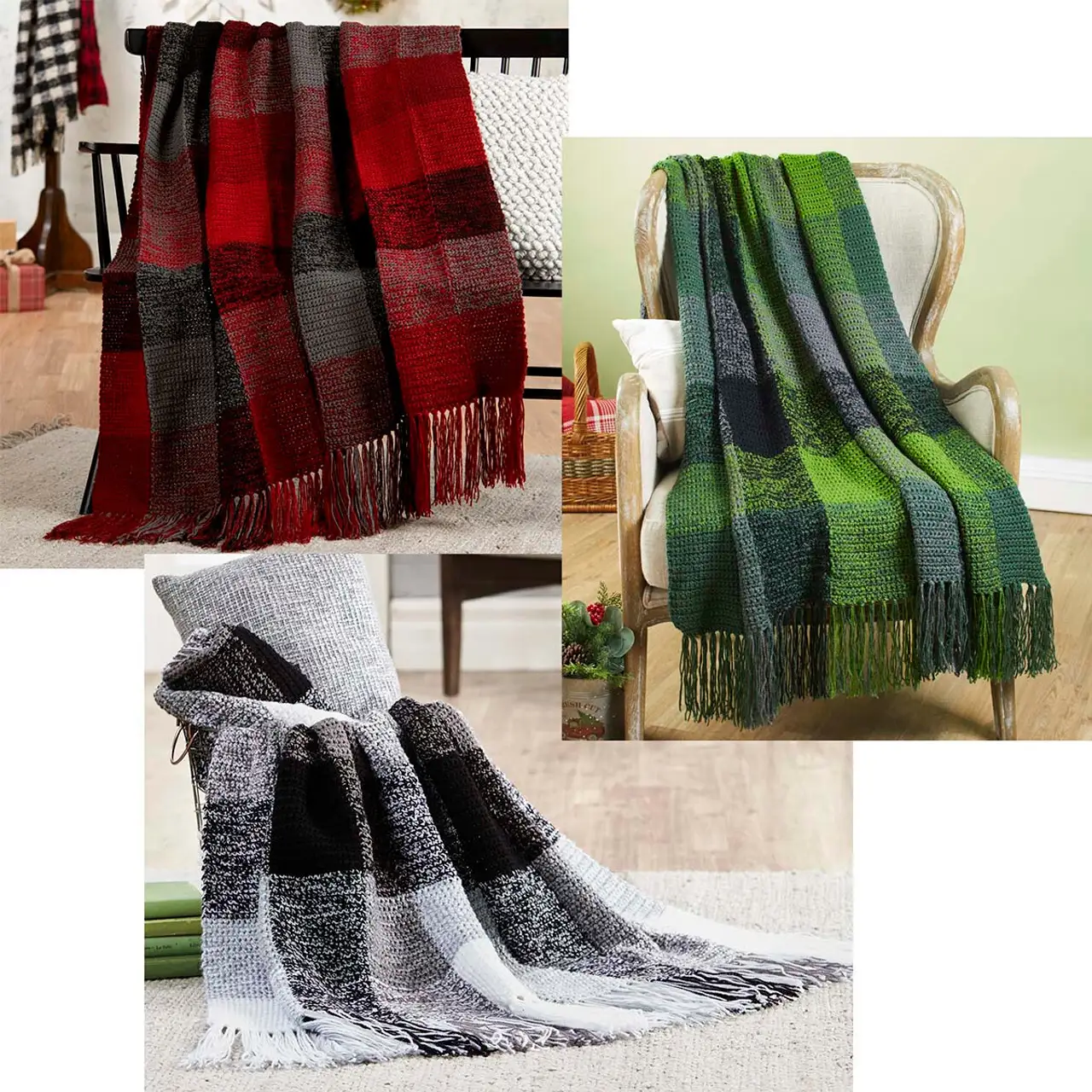 Holiday Plaid Throws Crochet Kit