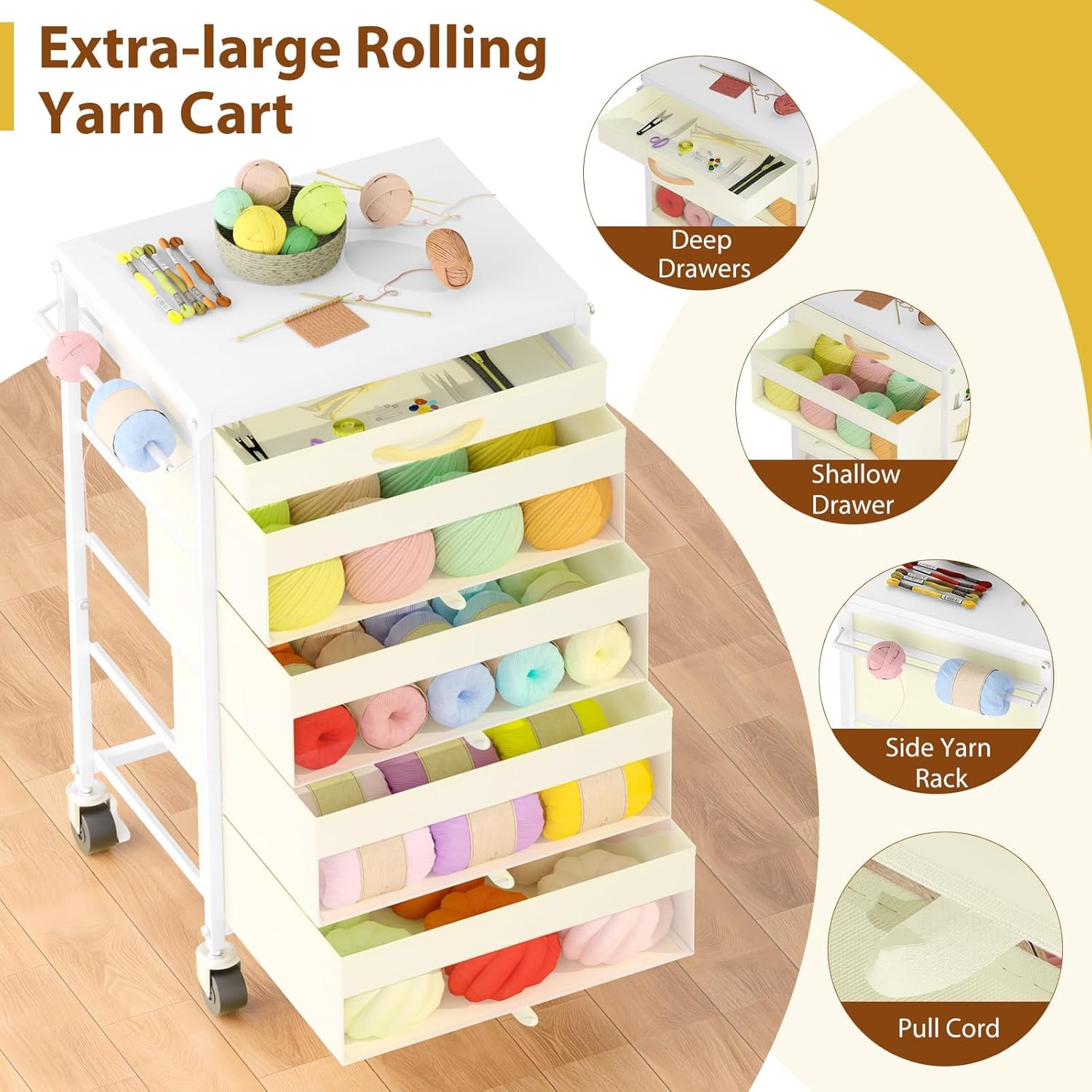 Rolling Yarn Storage Cart with Drawers and Side Pockets 4 yarn storage cart with drawers