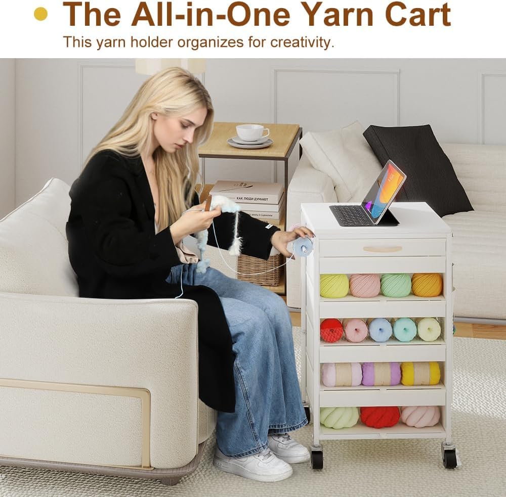 Rolling Yarn Storage Cart with Drawers and Side Pockets 6 yarn storage cart with drawers