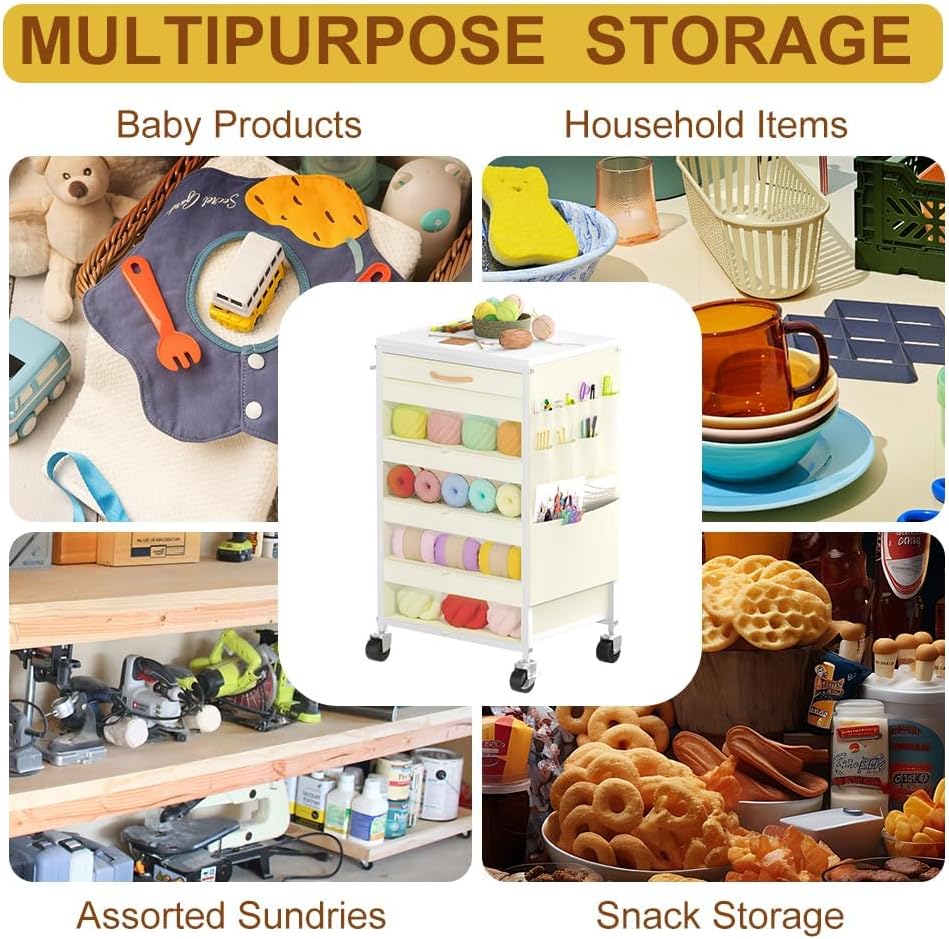 Rolling Yarn Storage Cart with Drawers and Side Pockets 5 yarn storage cart with drawers