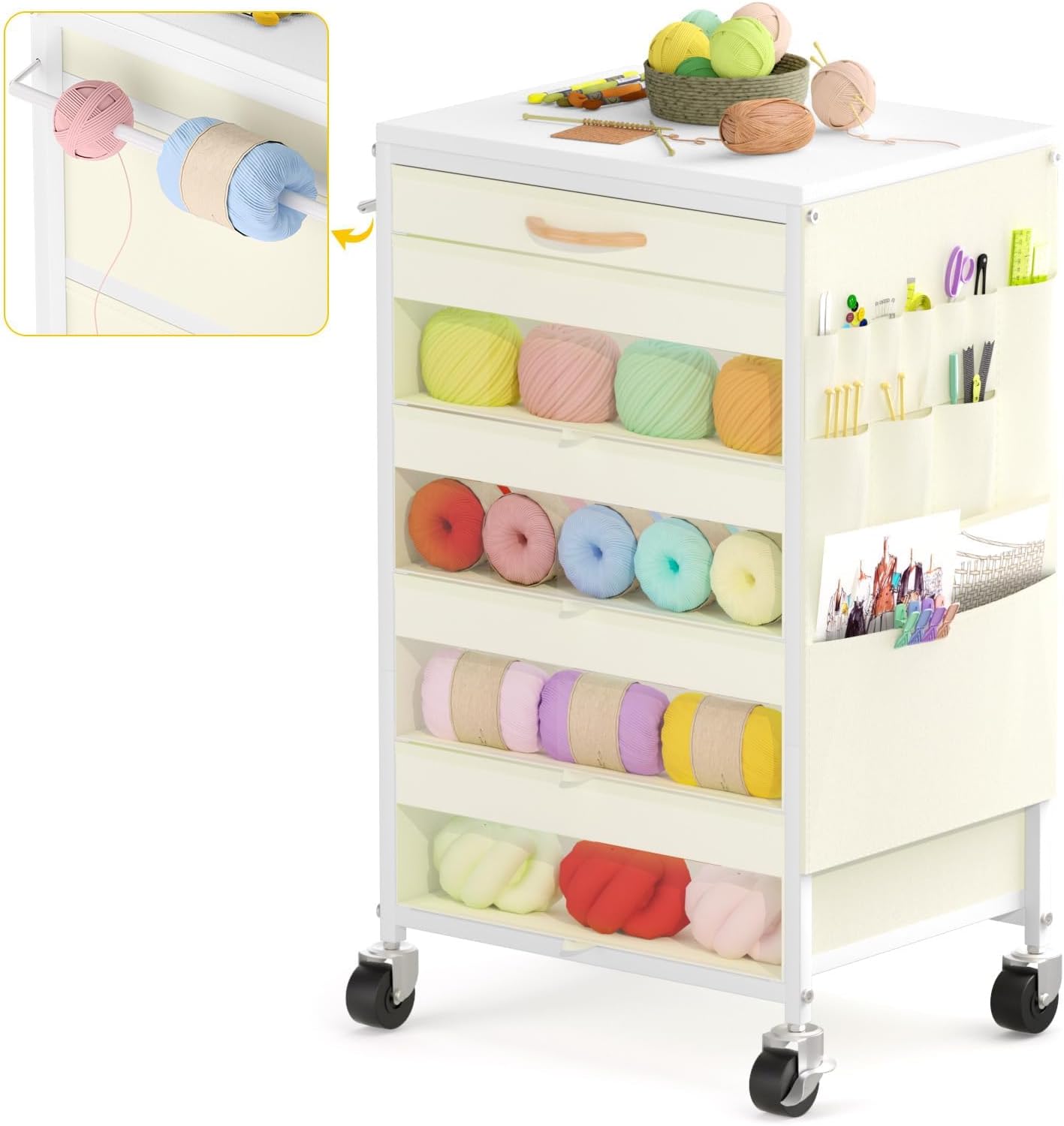 Rolling Yarn Storage Cart with Drawers and Side Pockets 7 yarn storage cart with drawers