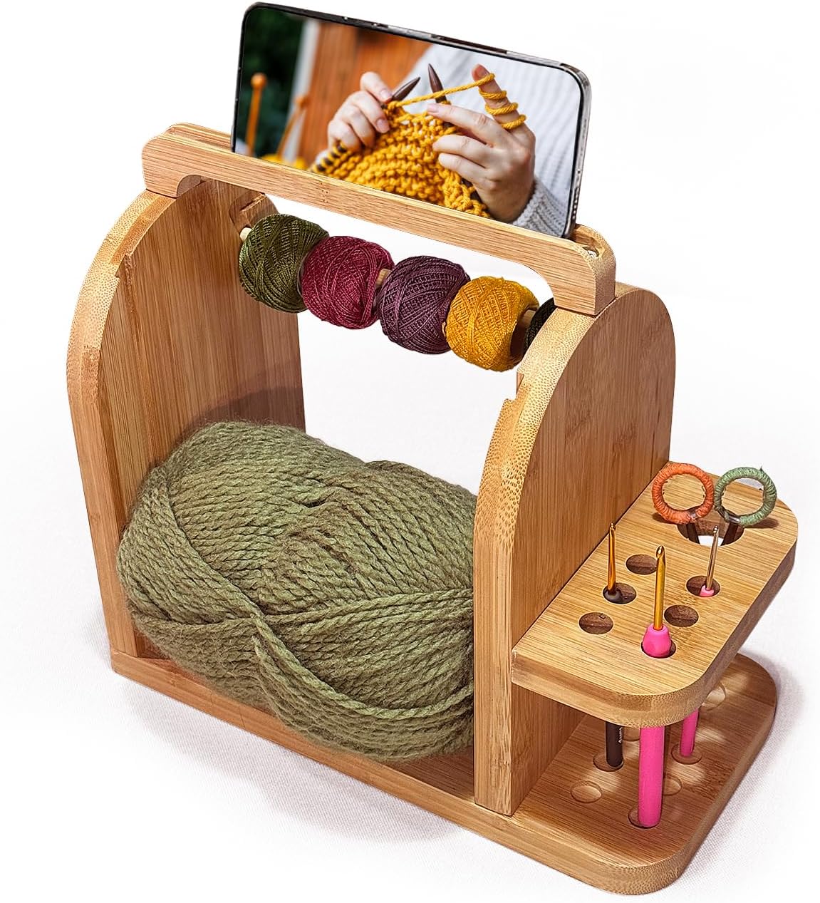 bamboo yarn holder with phone stand