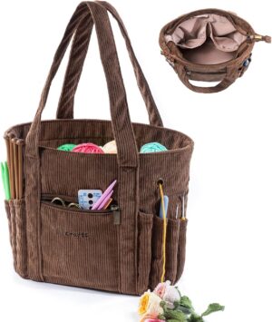 corduroy crochet tote bag with hook holder