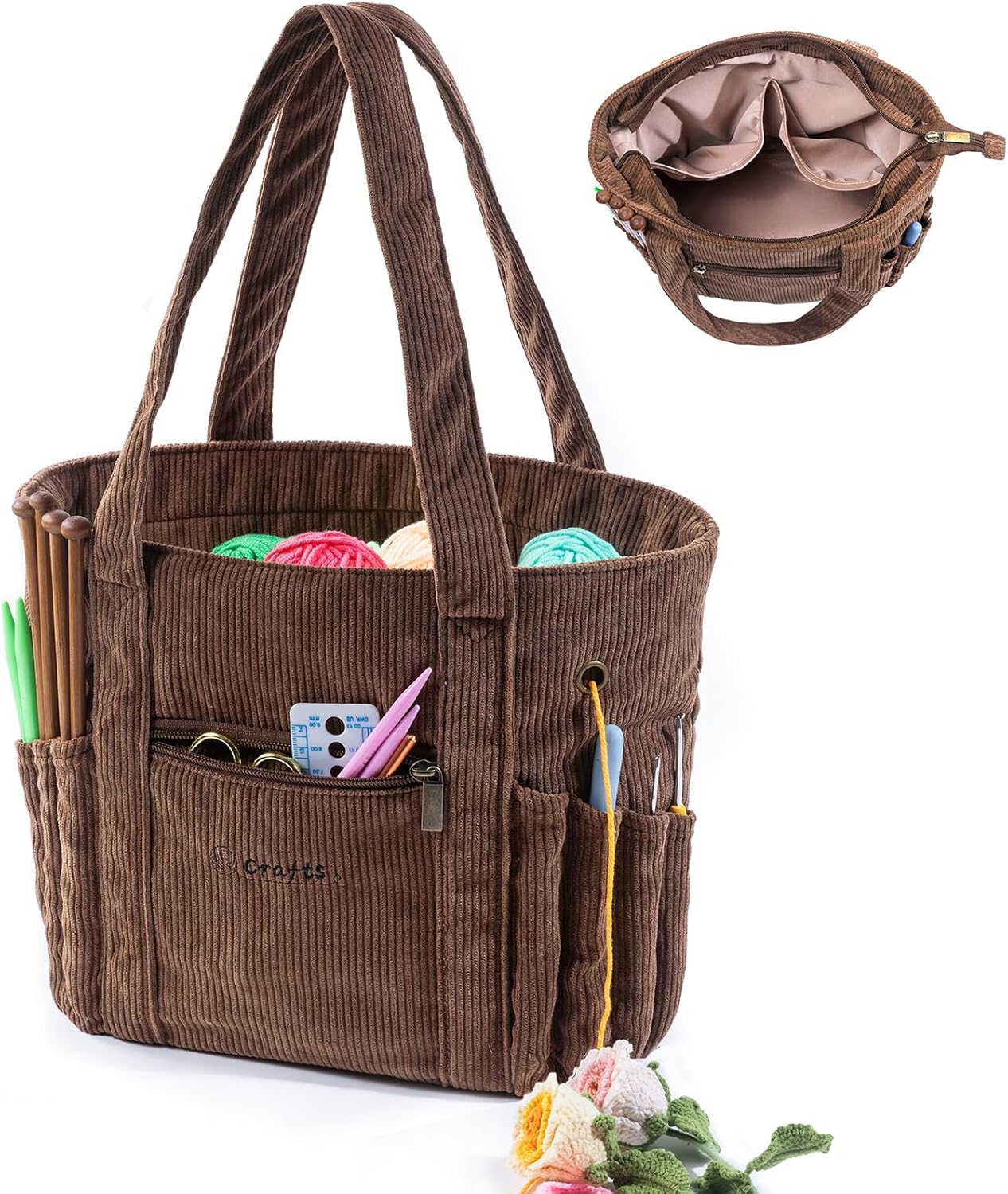 corduroy crochet tote bag with hook holder