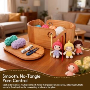 wooden yarn bowl with lid and crochet hooks