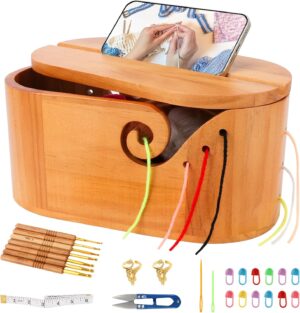 wooden yarn bowl with lid and crochet hooks