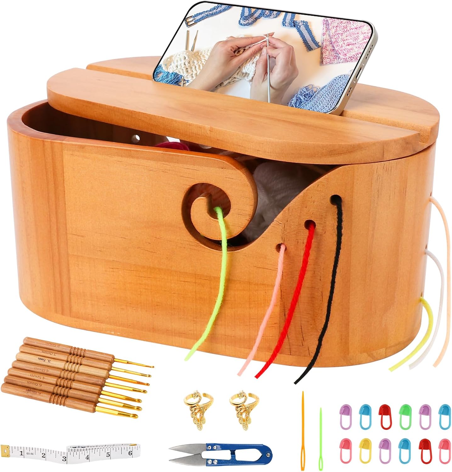 wooden yarn bowl with lid and crochet hooks